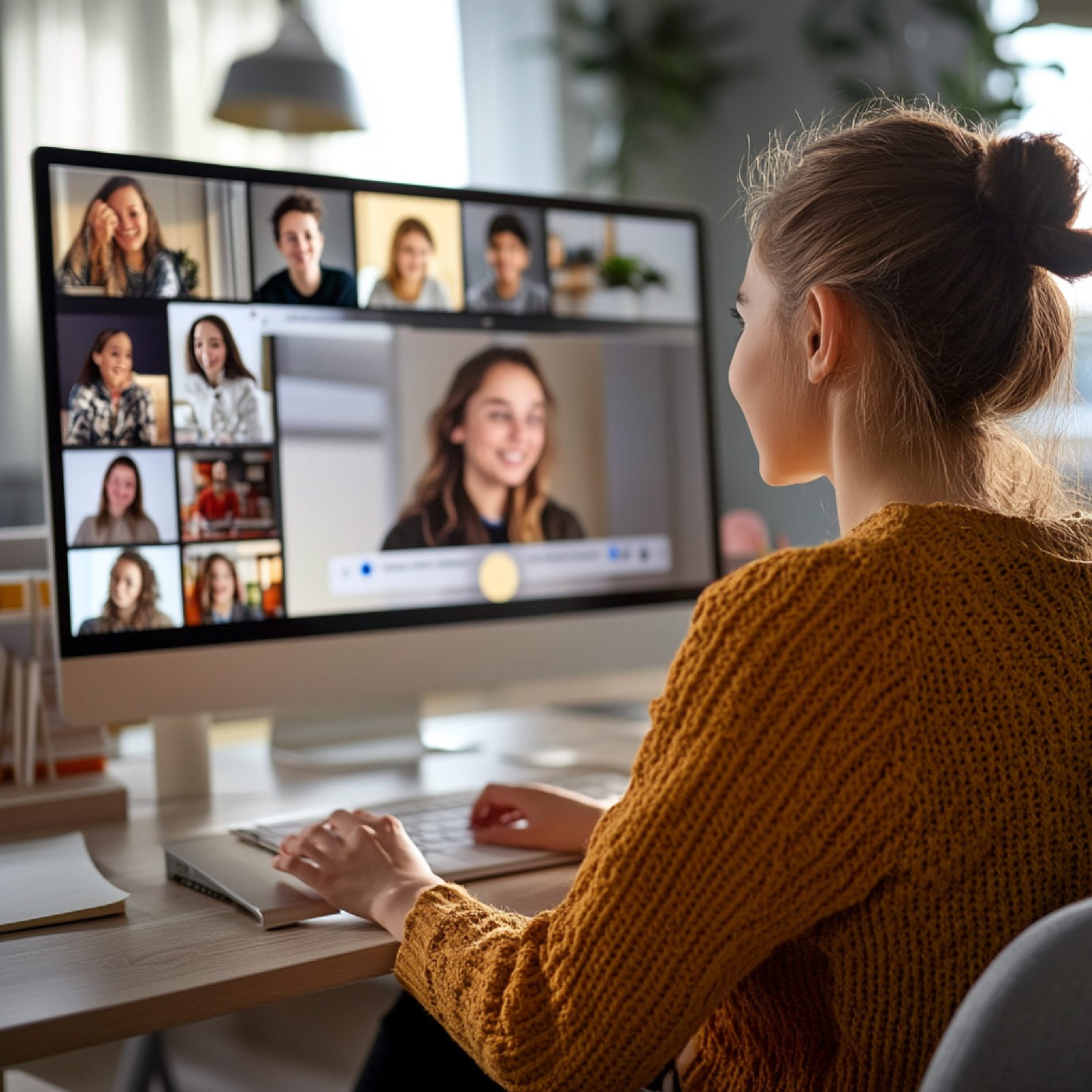 teacher-conducting-webinar-from-home-with-multiple-students-participating-via-video-chat